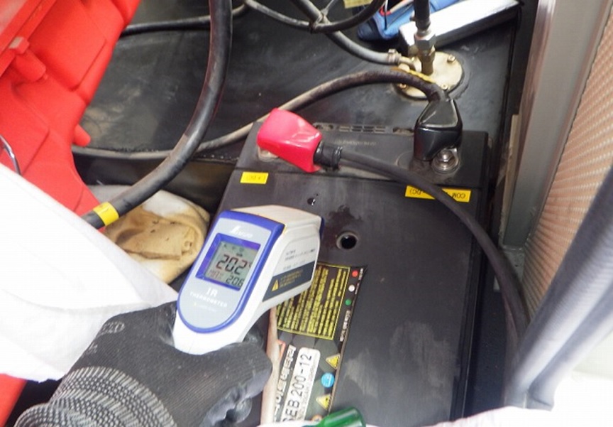 実負荷運転中、バッテリーの温度変化がないか、抜けなく計測します。