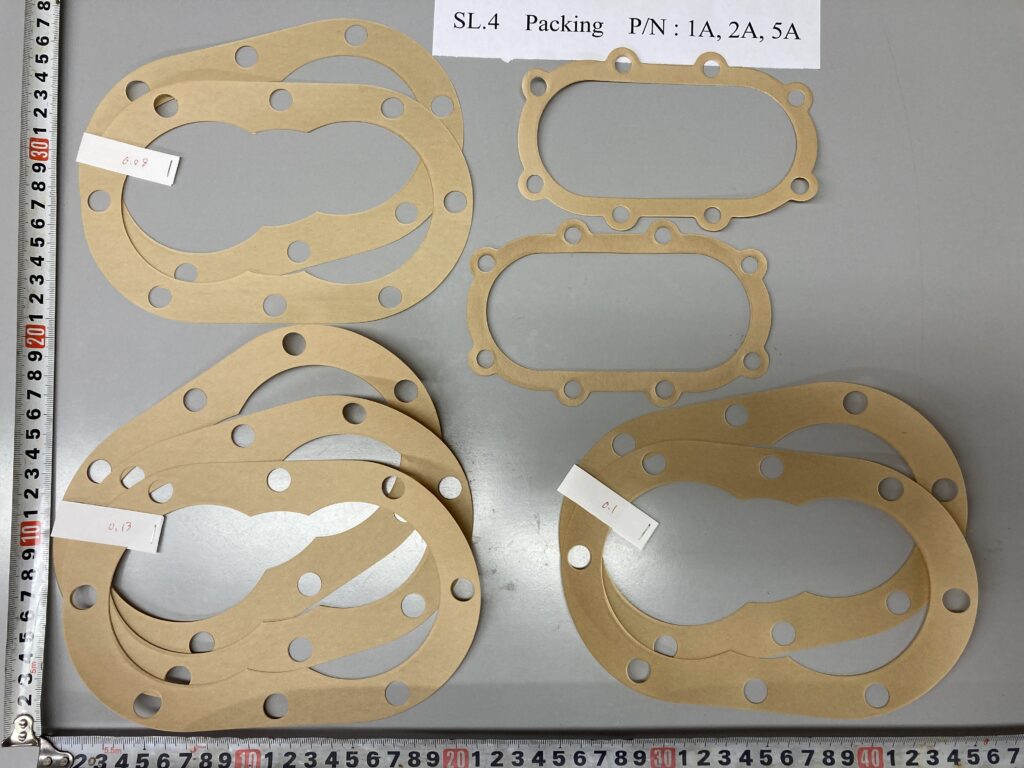 パッキン (P/N : 1A, 2A, 5A) のそれぞれの厚みは、0.08、0.1、0.13 mm と極薄です。Packing, Gear Pump Model : KSR-20HBSM-100, RV Spring (95), Oil Seal (27), Packing (1A, 2A, 5A, 91A, 92A, 93A), Daito Kogyo